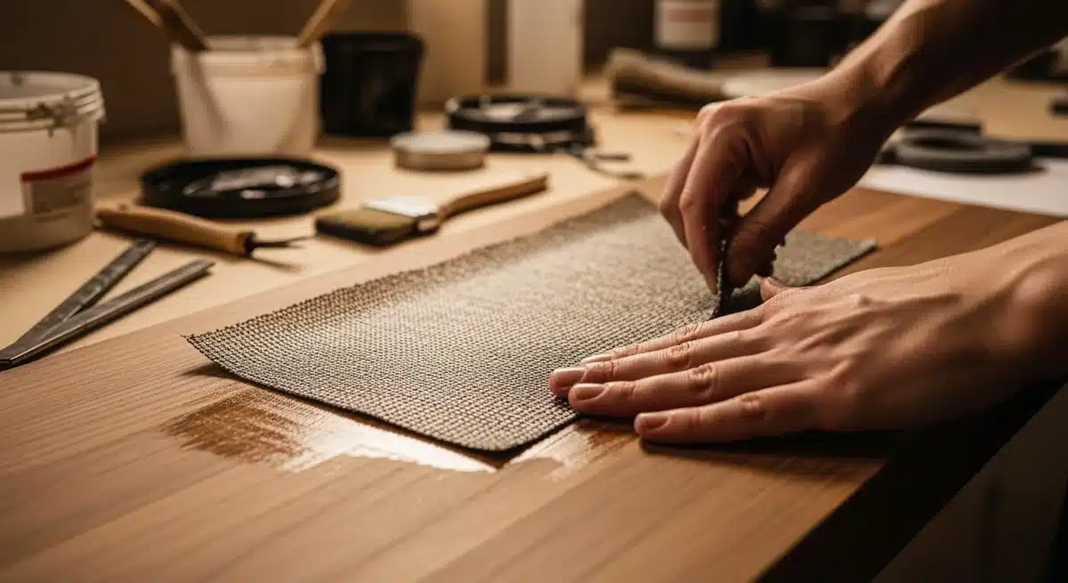 Technique de fibrecouture plaquage appliquée sur surface bois dans atelier professionnel