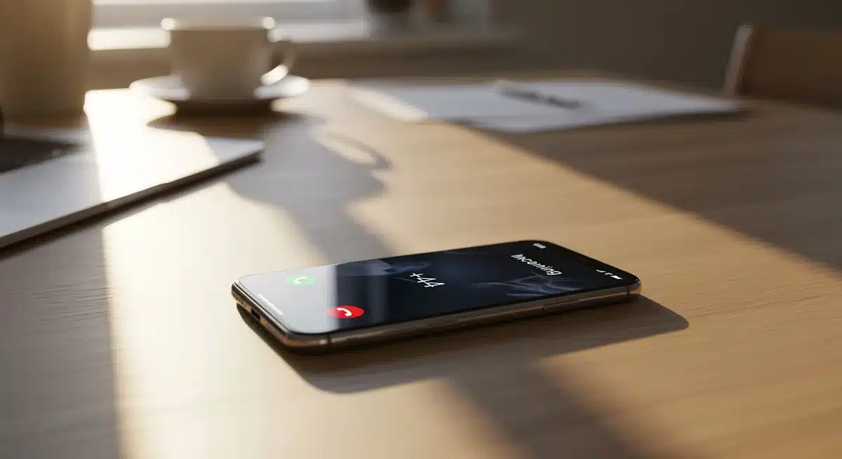 Smartphone affichant un appel entrant avec indicatif 44 sur écran, posé sur bureau en bois