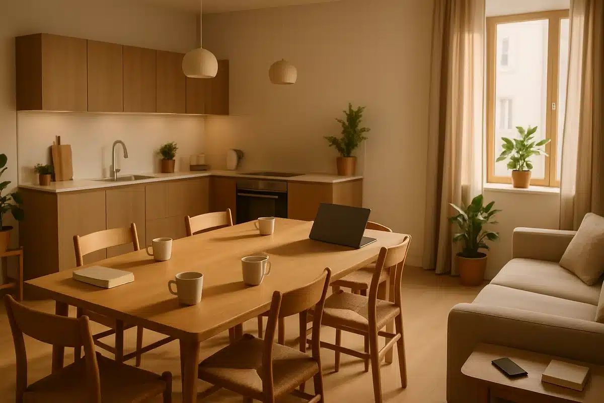 Espace de coliving moderne avec cuisine ouverte et salon partagé, solution Nidost pour logement collaboratif