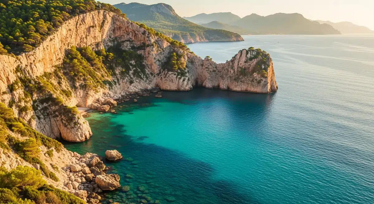 Pointe du Salaison au coucher du soleil avec falaises calcaires et eaux turquoise méditerranéennes