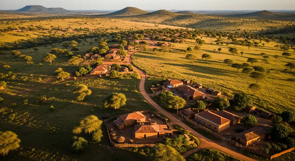 Vue aérienne de Derassi dans le Borgou au Bénin montrant villages traditionnels et savane dorée