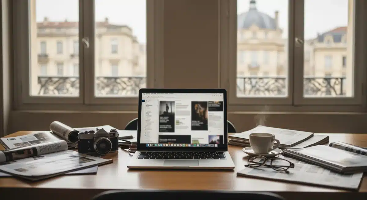 Espace de travail moderne d'Epershand Magazine à Bordeaux avec ordinateur portable et magazines