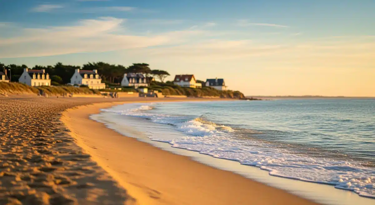 Plage de sable doré de Jard-sur-Mer en Vendée avec architecture traditionnelle française en arrière-plan