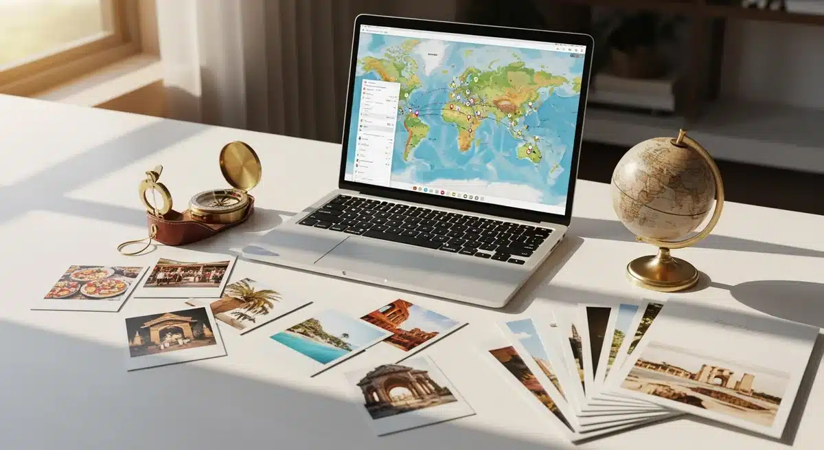 Setup moderne avec laptop affichant carte du monde pour planification voyage vacancesmania.com