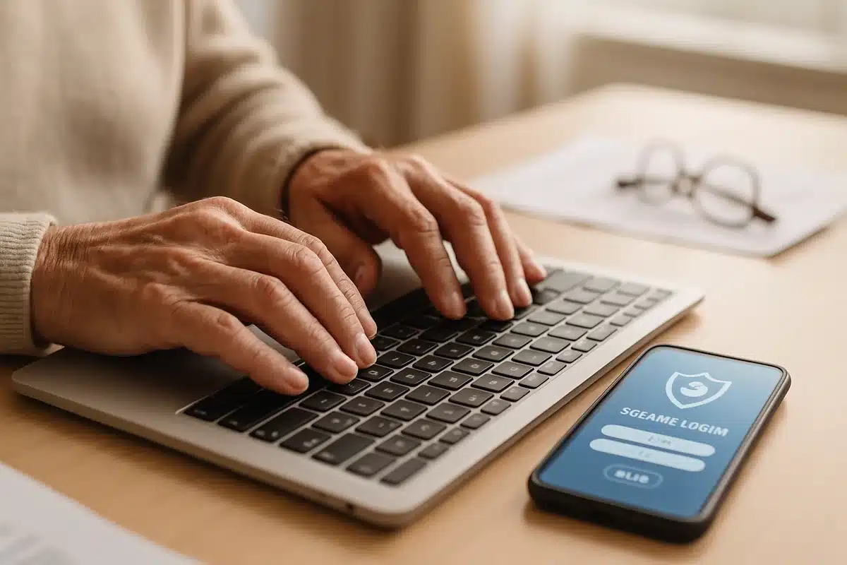 Senior utilisant ensap.gouv sur ordinateur portable pour consulter ses documents de retraite de manière sécurisée