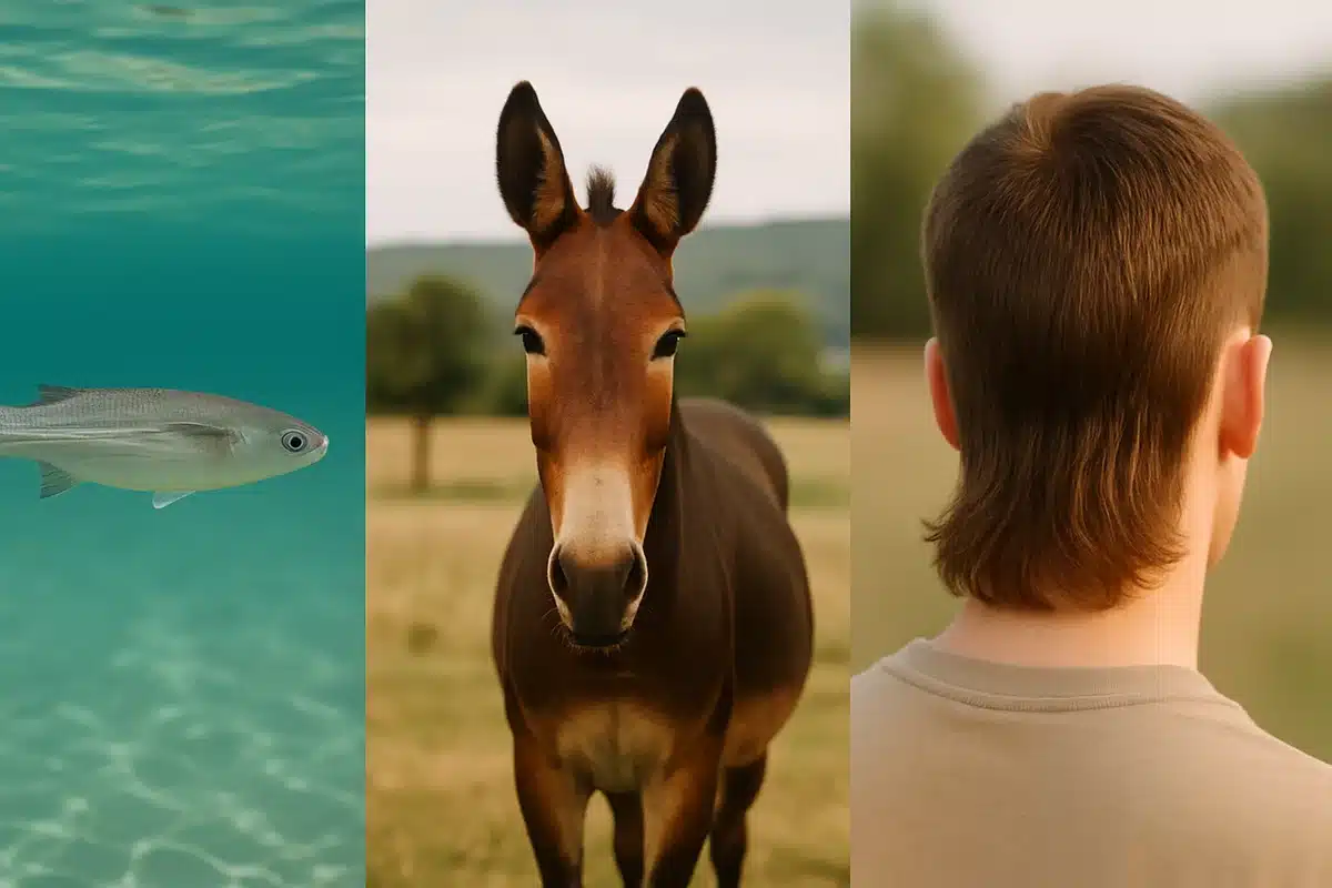 ```json { "altText": "Triptyque illustrant les trois significations du mot mulet : poisson méditerranéen, animal hybride et coiffure rétro", "caption": "Illustration comparative des trois définitions du terme mulet : le poisson de mer, l'animal hybride et la coiffure emblématique.", "description": "Composition photographique présentant les trois significations distinctes du mot mulet. À gauche, un mulet méditerranéen nageant en eaux claires, au centre un mulet animal hybride dans un paysage champêtre, et à droite la célèbre coiffure mulet. Cette image illustre parfaitement la polysémie du terme mulet en français." } ```