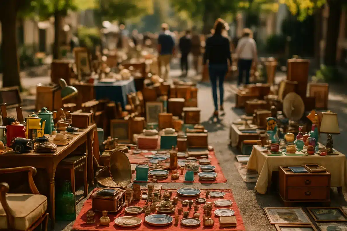 ```json { "altText": "Brocante en plein air avec objets vintage et antiquités, vue aérienne d'un marché aux puces animé - Sabradou", "caption": "Découvrez l'atmosphère chaleureuse des brocantes et vide-greniers référencés sur Sabradou, votre guide complet pour 2026.", "description": "Vue aérienne d'une brocante animée présentant des objets vintage, meubles anciens et collectibles disposés sur des tables et couvertures. Cette scène illustre parfaitement le type d'événements que Sabradou vous aide à trouver près de chez vous en 2026, avec son répertoire complet de brocantes et vide-greniers dans toute la France." } ```